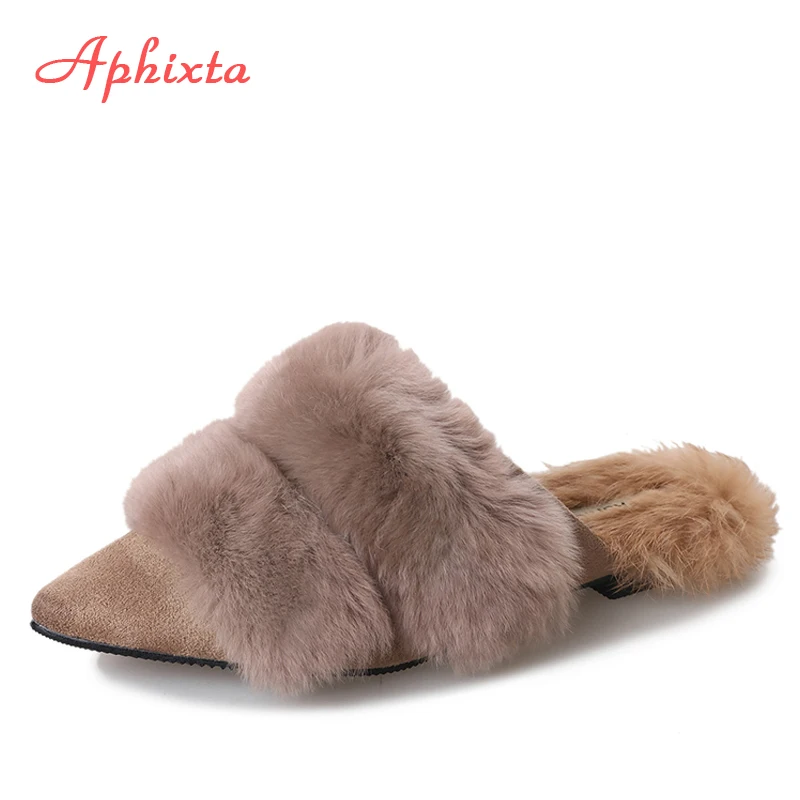 Aphixta/женские тапочки с натуральным мехом; женская обувь с острым носком; mujer; Коллекция года; тапочки из натурального кроличьего меха; женские Меховые Туфли без задника