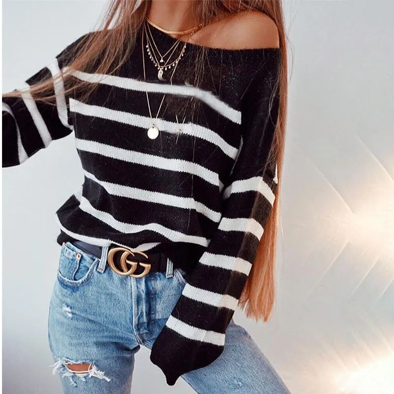 

2019 Autumn Casual Women's Sweaters & Sweaters Black White Stripes Fashion Women's Sweater Knitwear Pull Women Q