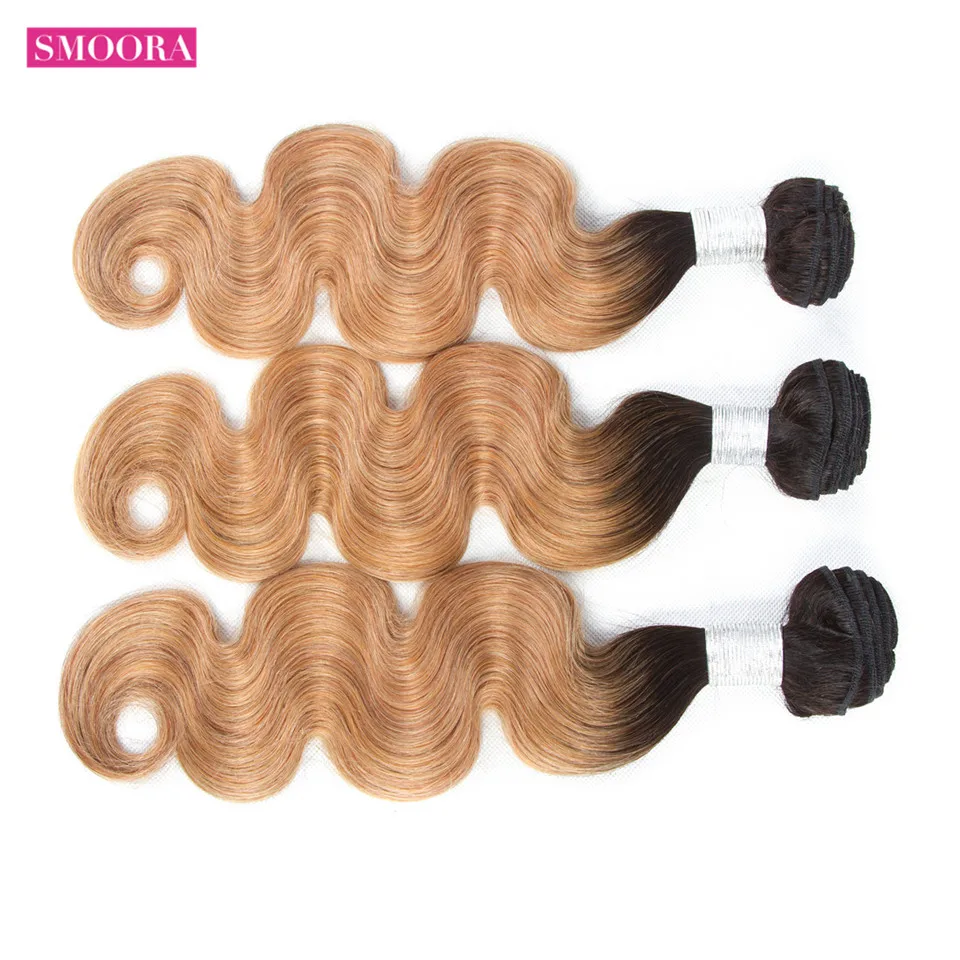 Smoora Ombre Hair Bundle with Closure Brazilian Body Wave 2 Tone T1b/27 Dark Roots Blonde Ombre 3 Bundle with Closure Non Remy Smoora Ombre Hair Bundle with Closure Brazilian Body Wave 2 Tone T1b/27 Dark Roots Blonde Ombre 3 Bundle with Closure Non Remy