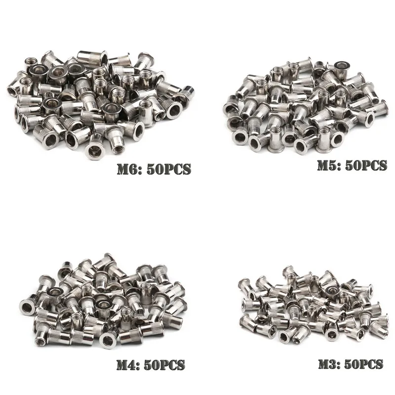200 шт. Заклепки Набор гаек комплект M3/M4/M5/M6 Нержавеющая сталь заклепочные гайки с плоской головкой