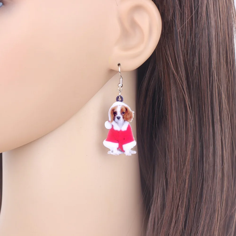 Bonsny Acryl Leuke Kerst Cavalier King Charles Spaniel Hond Oorbellen Grote Lange Dangle Drop Vrouwen Meisje Dames Mode-sieraden