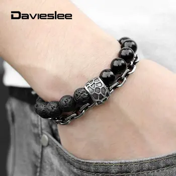 

Lava Stone Beaded Bracelets for Womens Mens Double Layers Stainless Steel Link Chain Essential Oil Diffuser LDB250