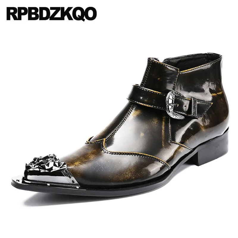 Pleine Chaussures Bottes Plus Métalliques Zipper Tan Pointu Fleur La Cuir Bout Taille Mariage Formelle Hommes Chunky Robe Concepteur De Chaussons Véritable En fb76yg