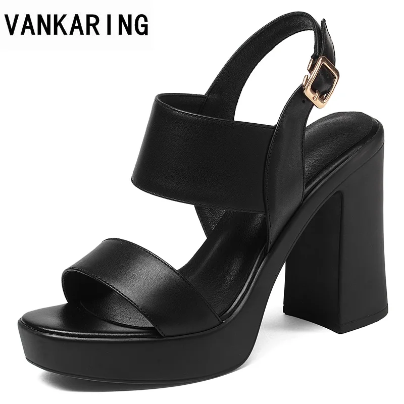 

VANKARING genuine leather sandals women fashion high heels women sandals open toe black woman shoes ladies office dress shoes