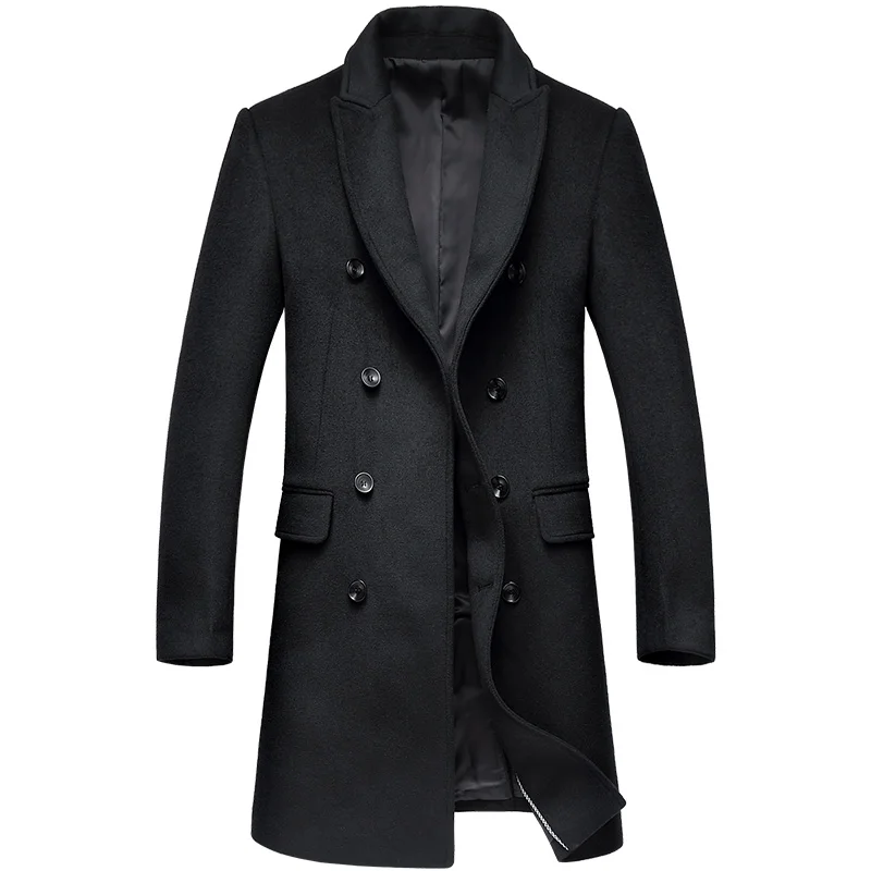 Aismz Brand Fashion Winter Men's Woolen Coat Long Section Double Breasted Wool Thick Trench Coats Male Fashion Causal Top - Цвет: AZ1721 black