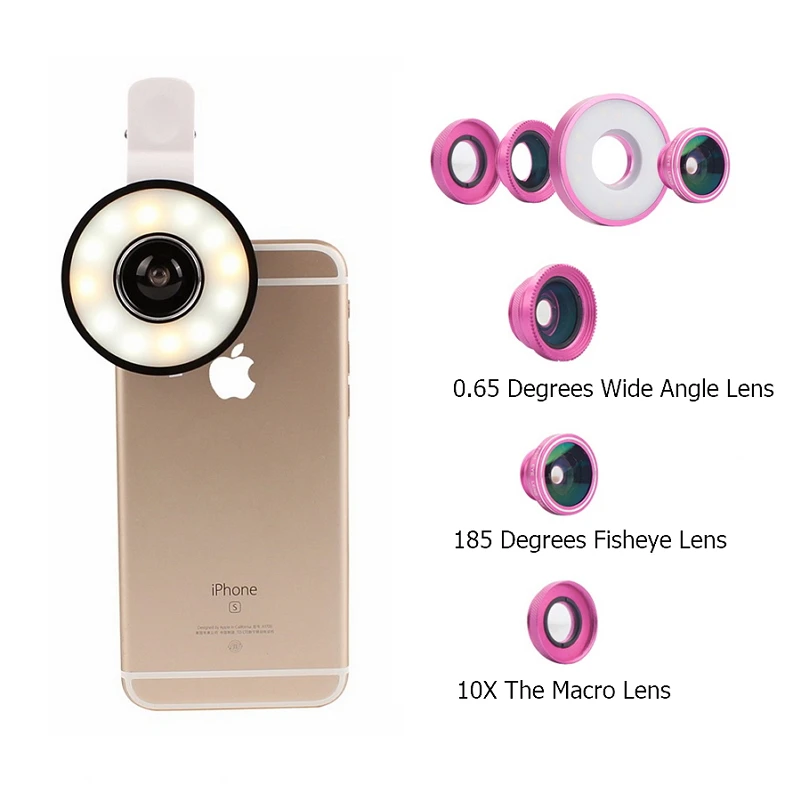 Mobile-Phone-LED-Flash-Light-Adjustable-Fill-Beauty-Selfie-Ring-light-Wide-Angle-Macro-Fisheye-Lens