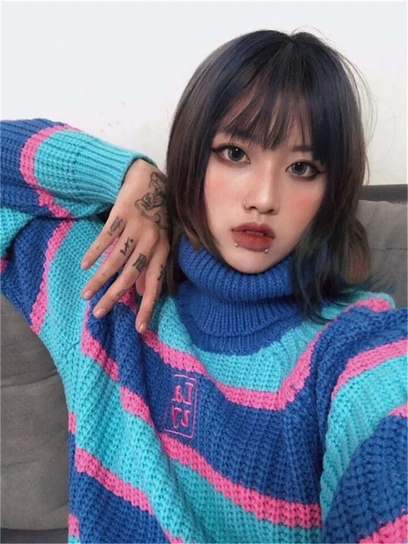 UNIF Womens Striped Roll Neck Jumper Runway sweater with Embroidered Letter Lazy Turtleneck Oversized Chunky Knit Pullovers