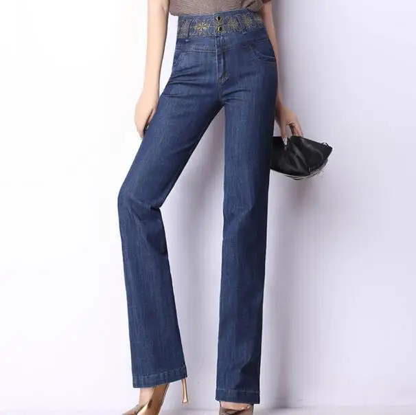 Elastic high waist jeans embroidered denim trousers 2016 new spring autumn ladies large size cowboy Slim