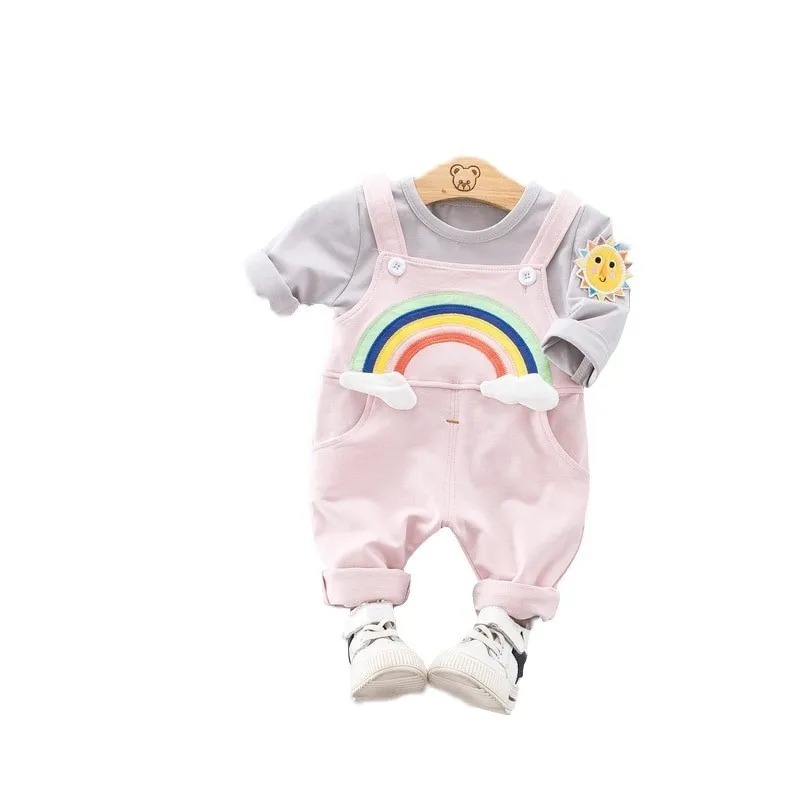 Весенне-осенние комплекты одежды для детей Одежда для маленьких девочек и мальчиков комплекты одежды из хлопка с радугой; футболка брюки 2 шт./компл. детей ясельного возраста Детский костюм - Цвет: BO caihong F Pink