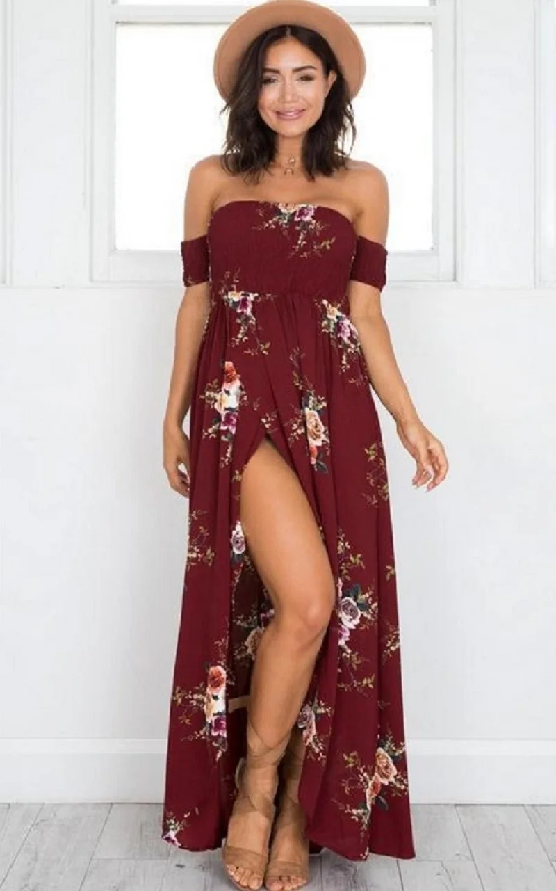 50 шт./лот Selegere размера плюс бохо стиль длинное платье для женщин с открытыми плечами пляжные летние платья цветочный принт винтажное шифоновое платье - Цвет: Red wine