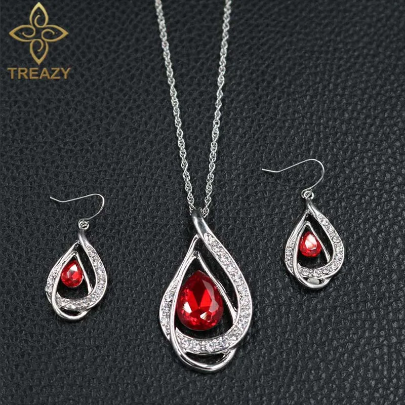 

TREAZY Red Crystal Bridal Jewelry Sets For Women Waterdrop Shape Pendant Necklace Earrings Set Wedding Party Dress Accessories