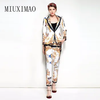 

2018 New Arrival Spring & Summer Suit Sets 2 Piece Full Sleeve Floral Print Full Length Pant Suit Women