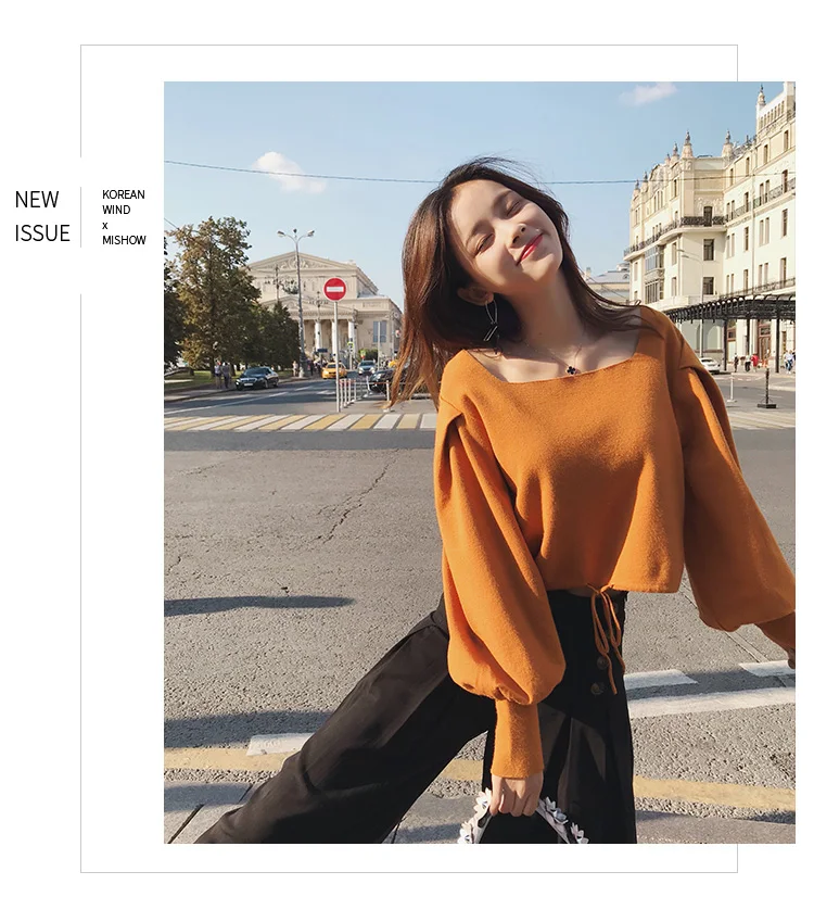 MISHOW Autumn vintage Knitted sweater for women fashion causal Square collar Lantern sleeve short tops MX18C5196