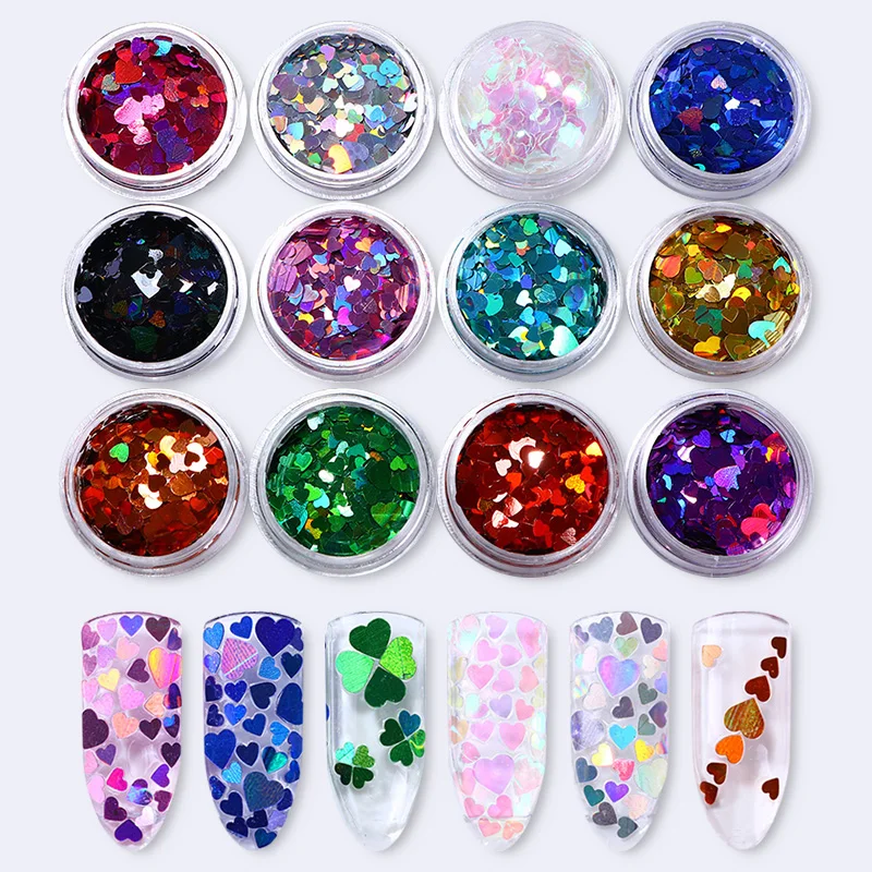 

12 Boxes Mixed Size Holographic Nail Sequin Heart Paillette Multi-size Iridescent Flakies Manicure Nail Art Decoration