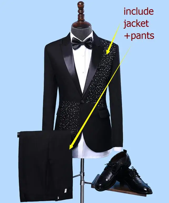 Черный белый смокинг с кристаллами мужские костюмы модные тонкие блейзеры с камнями мужской певец и ведущий сценический костюм хор костюмы для выступлений - Цвет: Black