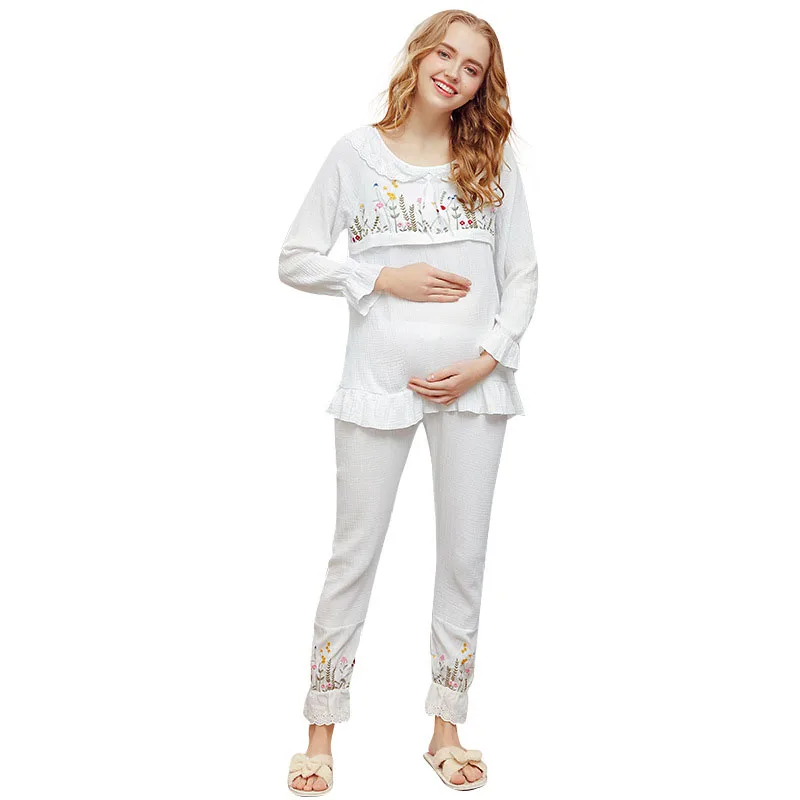 Хлопковые газовые ночные рубашки для кормящих и беременных с длинными рукавами для грудного вскармливания, комплект для сна для беременных женщин, Пижамный костюм