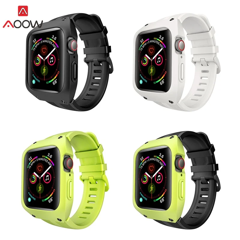 

AOOW Sport Silicone Watchband With Case Cover For Apple Watch Series 4 Man Replacement Wrist Strap For iwatch 44mm