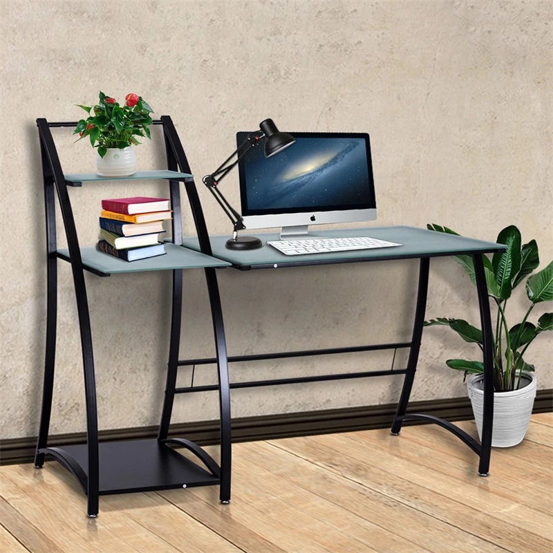 Mesa de estudio de escritura superior de vidrio Escritorio de ordenador con estantes muebles de oficina para - AliExpress