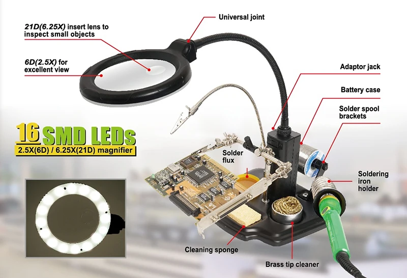 Припой инструмент Вспомогательный зажим помощь ручная Лупа Стекло Лупа с 2,5X16 Светодиодный светильник для DIY PCB припоя распайки работы