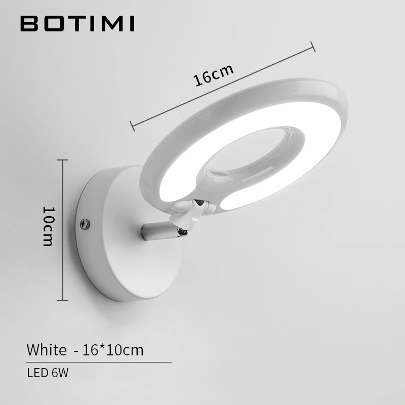 BOTIMI современный светодиодный настенный светильник белого цвета с выключателем для спальни, Круглый прикроватный настенный светильник для чтения, черный простой зеркальный светильник - Цвет абажура: White