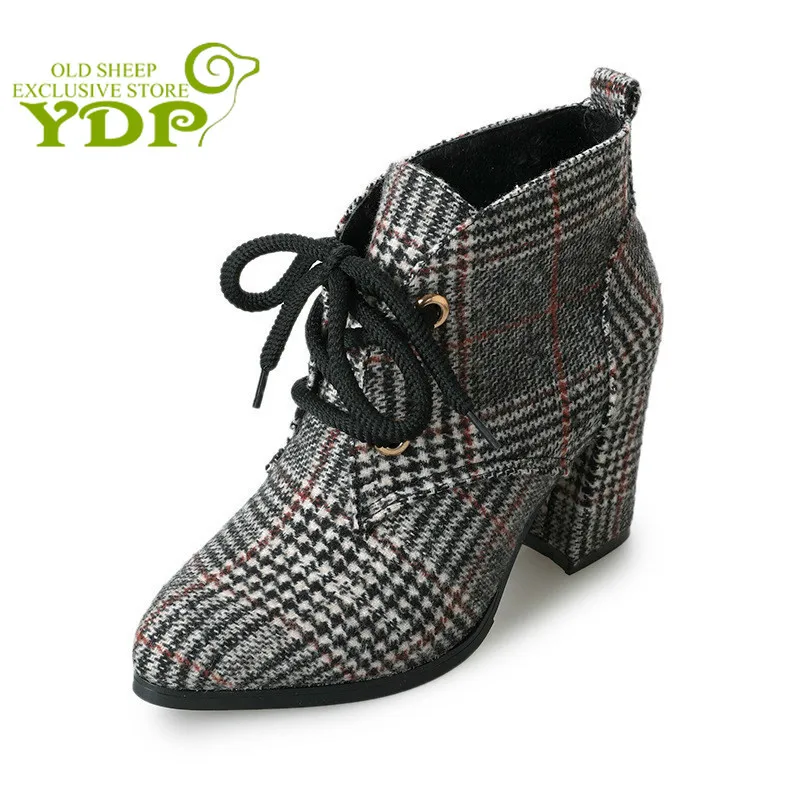 

2018 Winter New Style Women Boots Plaid Ankle Boots Lace UP Booties Jacquard Fabric Women Shoes High Heels Botas Mujer