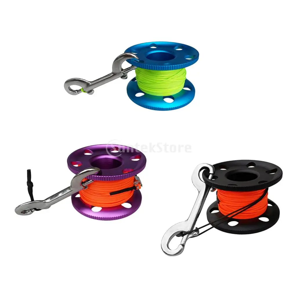 Scuba Diving Aluminium Finger Spool Reel 20/30/50M Line with Stainless Steel Snap Bolt Clip Black Blue Purple
