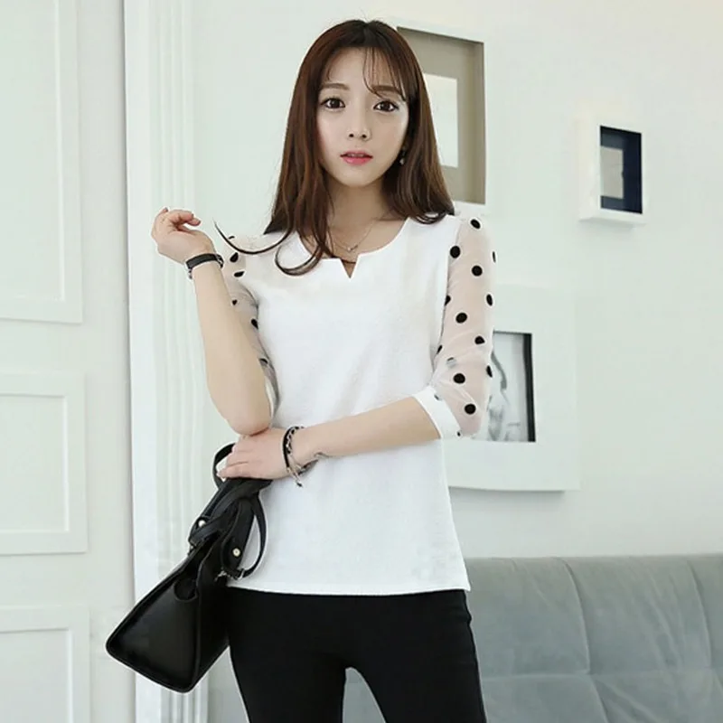 Blusas mujer de moda шифоновая рубашка в горошек с v образным вырезом кружевной пуловер