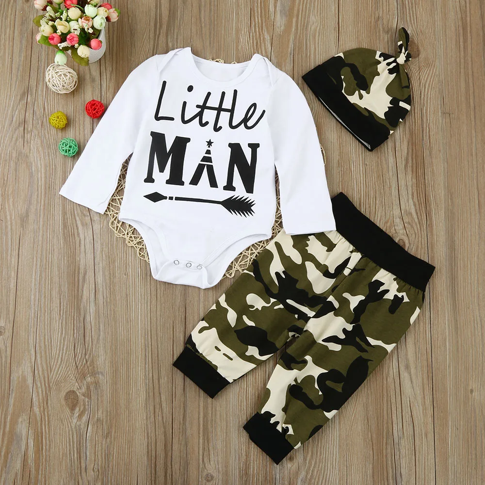 3pcs Newborn Baby Boys Little Man Long Sleeve Romper Camouflage Leggings and Hats Outfits Layette Sets