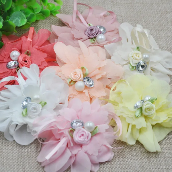 

2PC Organza Ribbon Flowers W/Rose Bead Craft Appliques Wedding Decoration A083