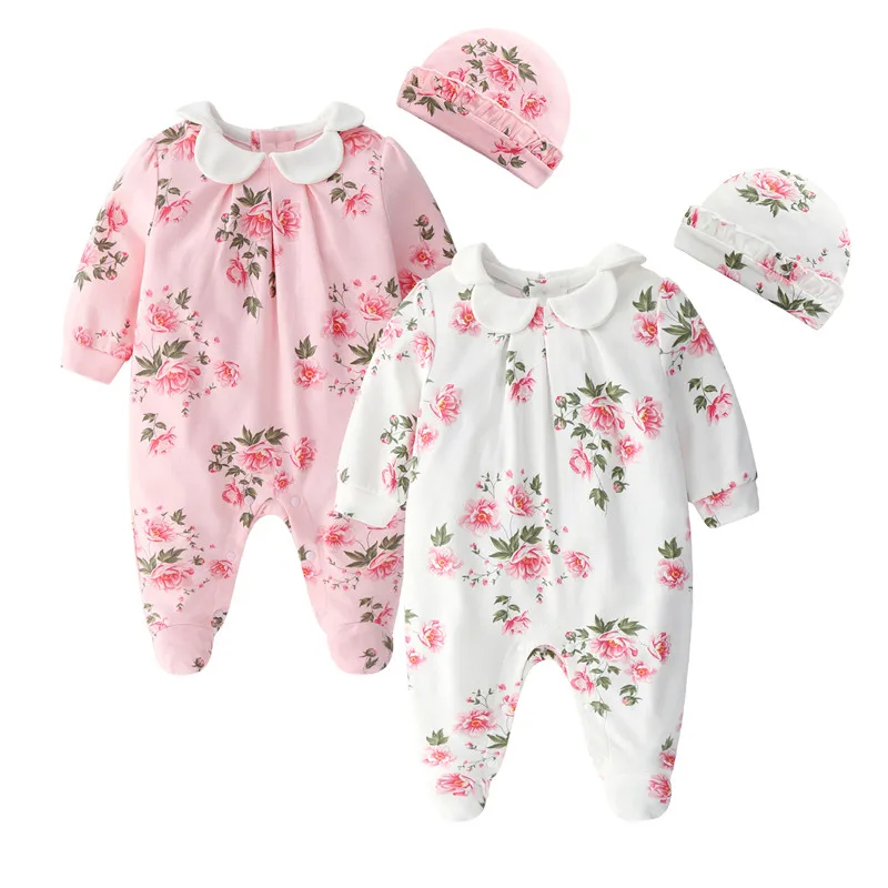 Одежда для новорожденных девочек с цветочным принтом Питер Пэн, Детский комбинезон с воротничком и шапочкой, комплекты одежды г., костюм принцессы для девочек