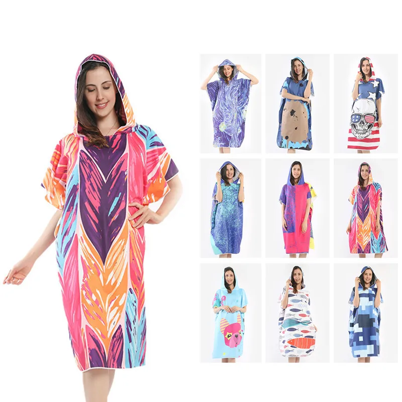 Billig Mode Schnell trocknend Ändern Robe Bad Handtuch Outdoor Erwachsenen Mit Kapuze Strand Handtuch Poncho Bademantel Handtücher Frau Männer Schwimmen Mantel