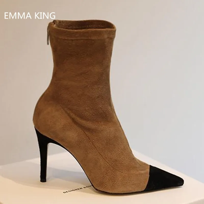 

Spring Mixed Colors Fashion Women Boots Stiletto Heels Pointed Toe Short Boots Thin High Heels Back Zipper Party Ladies Shoes