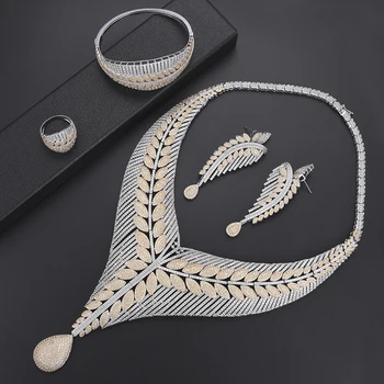 

4 pcs Luxury Leaves Bride wedding jewelry CZ Women jewelry sets Dubai Indian Necklace Earrings set Bangle Ring bijoux femme