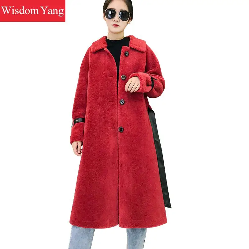 

Elegant Winter Warm Red Real Sheep Shearing Coat Wool Womens Coats Blue White Long Oversize Woolen Korean Overcoat Outerwear