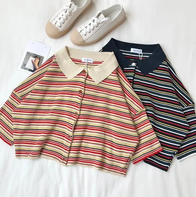 

turn-down collar hit color temperament striped cute short knit t-shirt