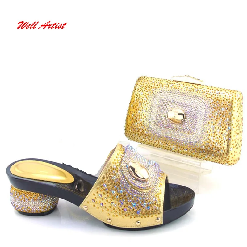 Buy 17043011 New Arrival gold Color Shoes and Bag Set Decorated with Rhinestone