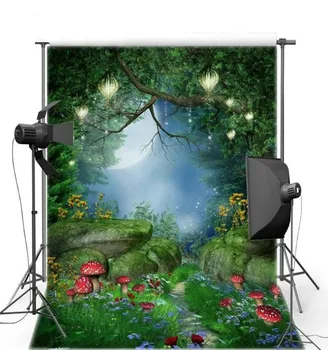 

Night Sky Mushroom Tree Grass Enchanted Forest Background Vinyl cloth High quality Computer Print Children kids backdrop
