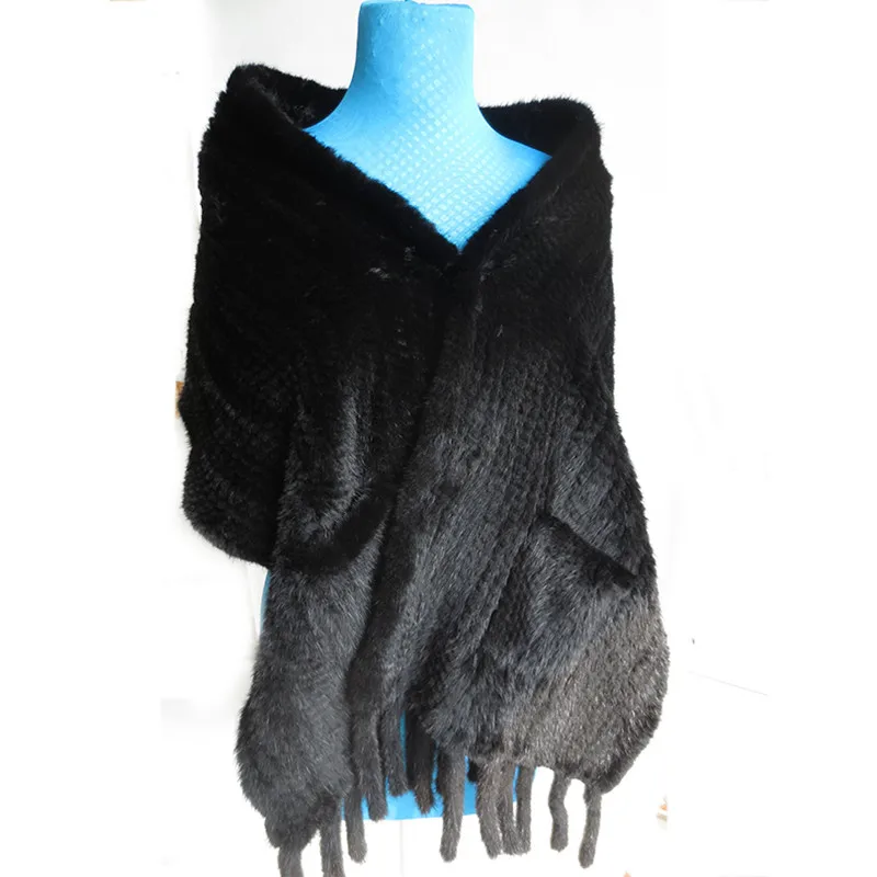 Осенне-зимняя женская натуральная вязаная норковая меховая шаль с кисточками обертывания леди шарф из пашмины VF7053