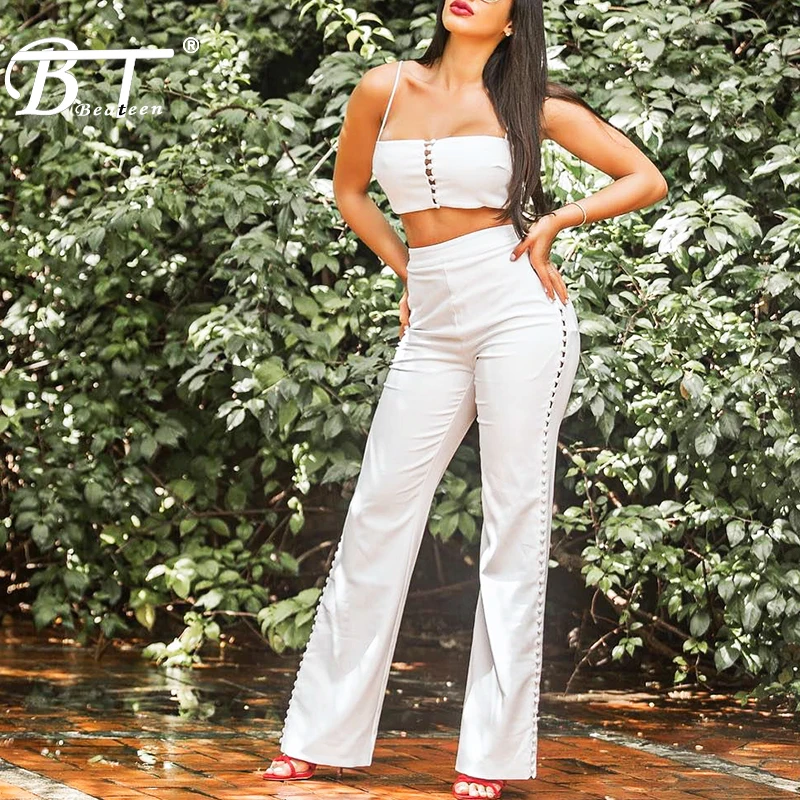 

Beateen 2019 New Two-Piece Set Sexy Button Up Spaghetti Straps Bandeau Cropped Top Empire Wide Leg Pants White