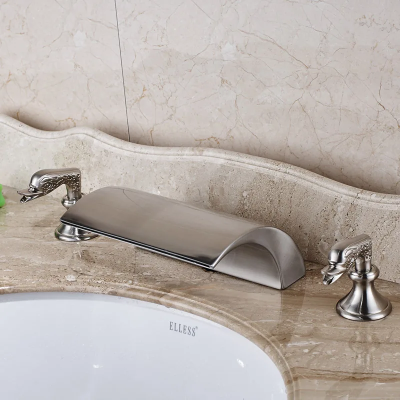 

Deck Mounted Waterfall Bath Spout Bathroom Faucet Double Handle Brushed Basin Mixer Tap