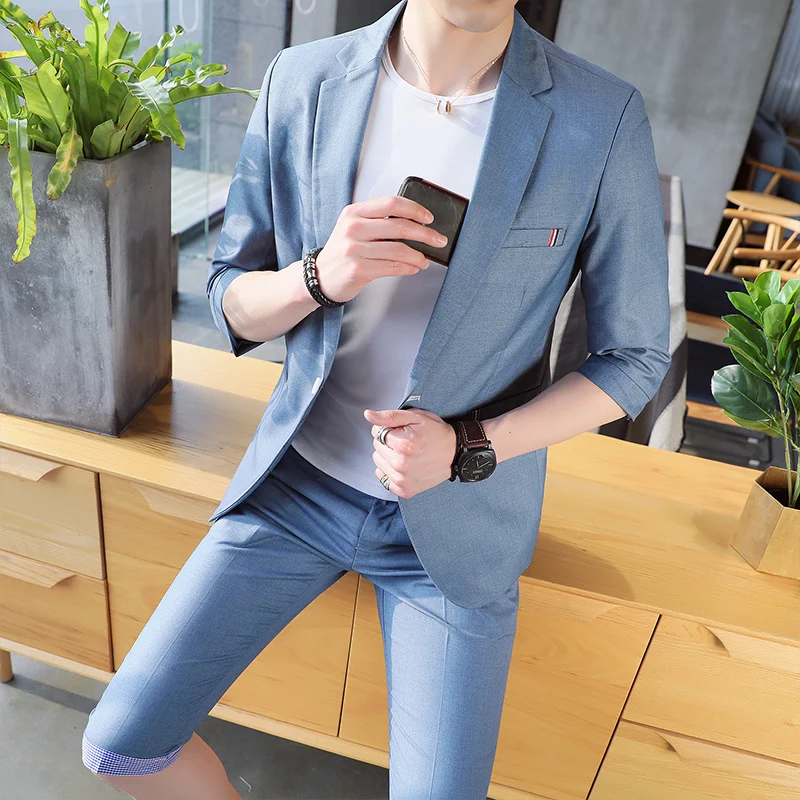 (Front + pants) 2018 spring new suit suit sleeves small West Slim casual two-piece summer five points sleeve men