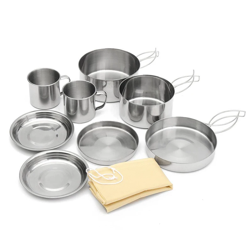 8Pcs/set Portable Stainless Steel Outdoor Picnic Pot Pan Kit Camping Backpacking Cookware Set  for Hiking Camping Travel