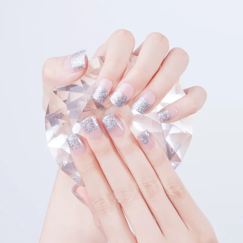 

24Pcs Glitter Silver French False Nail Clear Natural Acrylic Fake Nails New Design For Lady Nail Art Daily Decoration
