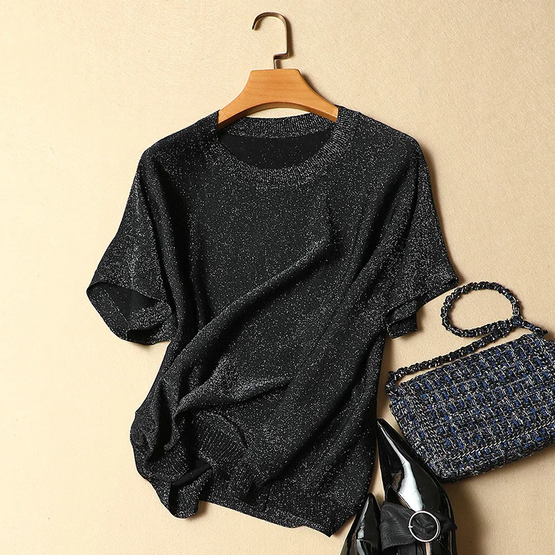 

2019 summer new design women short-sleeved t-shirt silver silk knitted t-shirt outwear tops tees