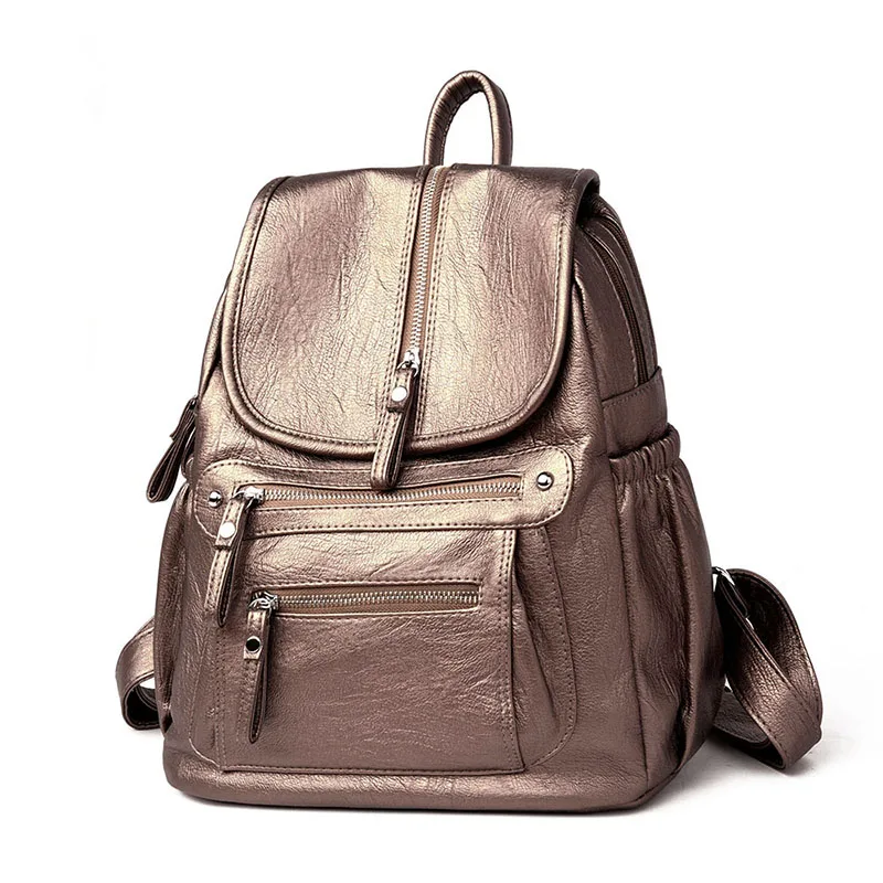 Женский рюкзак высокого качества из мягкой кожи Модные школьные рюкзаки женские повседневные большие вместительные винтажные сумки на плечо - Цвет: Золотой