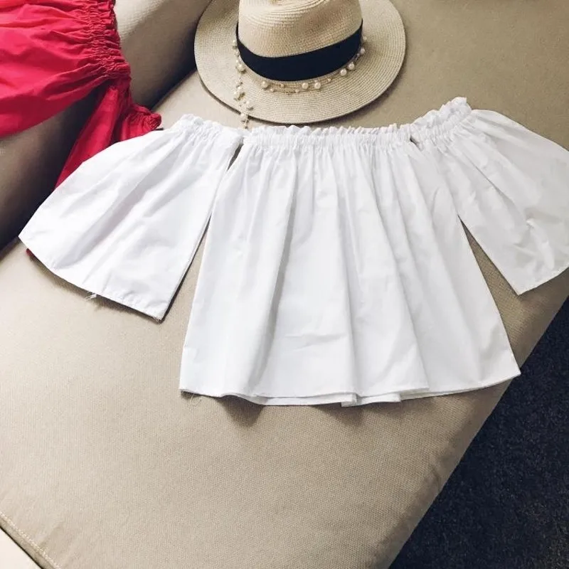 

Fashion Short Chiffon Blouse Off Shoulder Top Women Tops Summer 2018 Slash Neck Three Quarter Sleeve Solid Loose Women Blouses