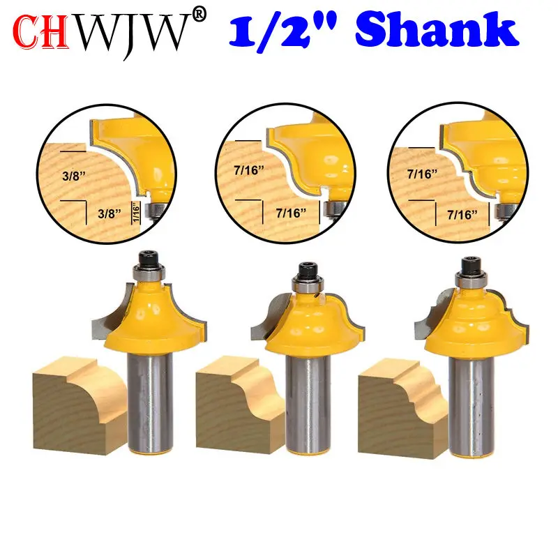 3Pc Edge Molding Router Bit Set Medium Designer 1/2" Shank Woodworking