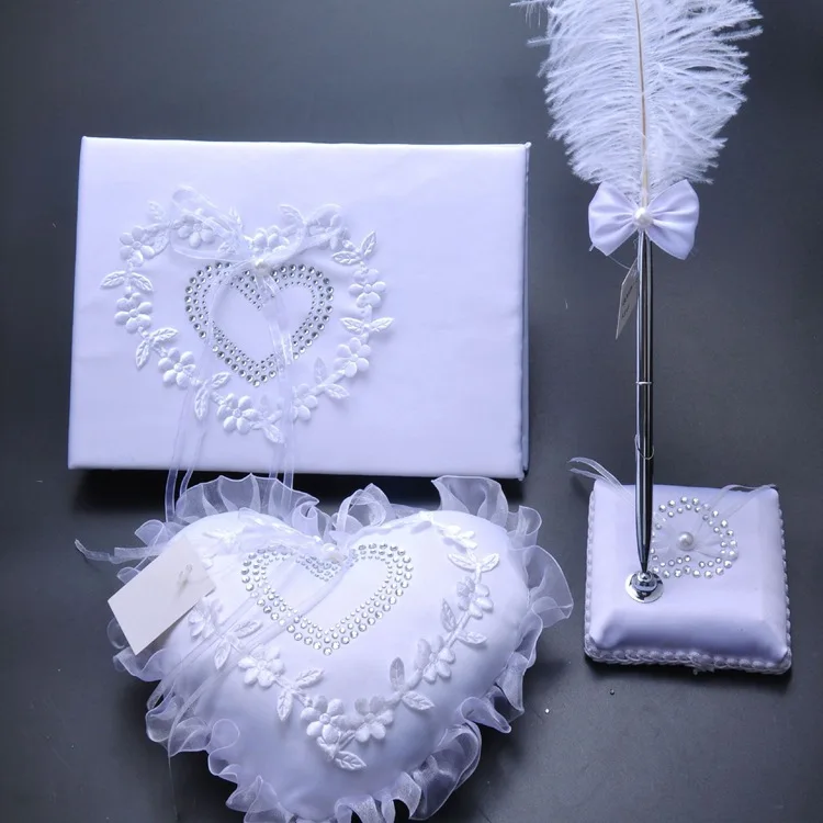 

White Wedding Ring Pillow Vintage Wedding Guest Book and Pen Set Party Wedding Signature Guest Book Hearts Wedding Guestbook