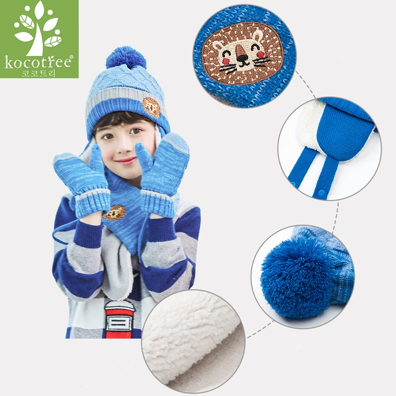 Kocotree/осенне-зимний детский комплект, теплая вязаная шапка с шарфом, варежки, Лидер продаж, шапка с помпонами для мальчиков и девочек 1-10 лет