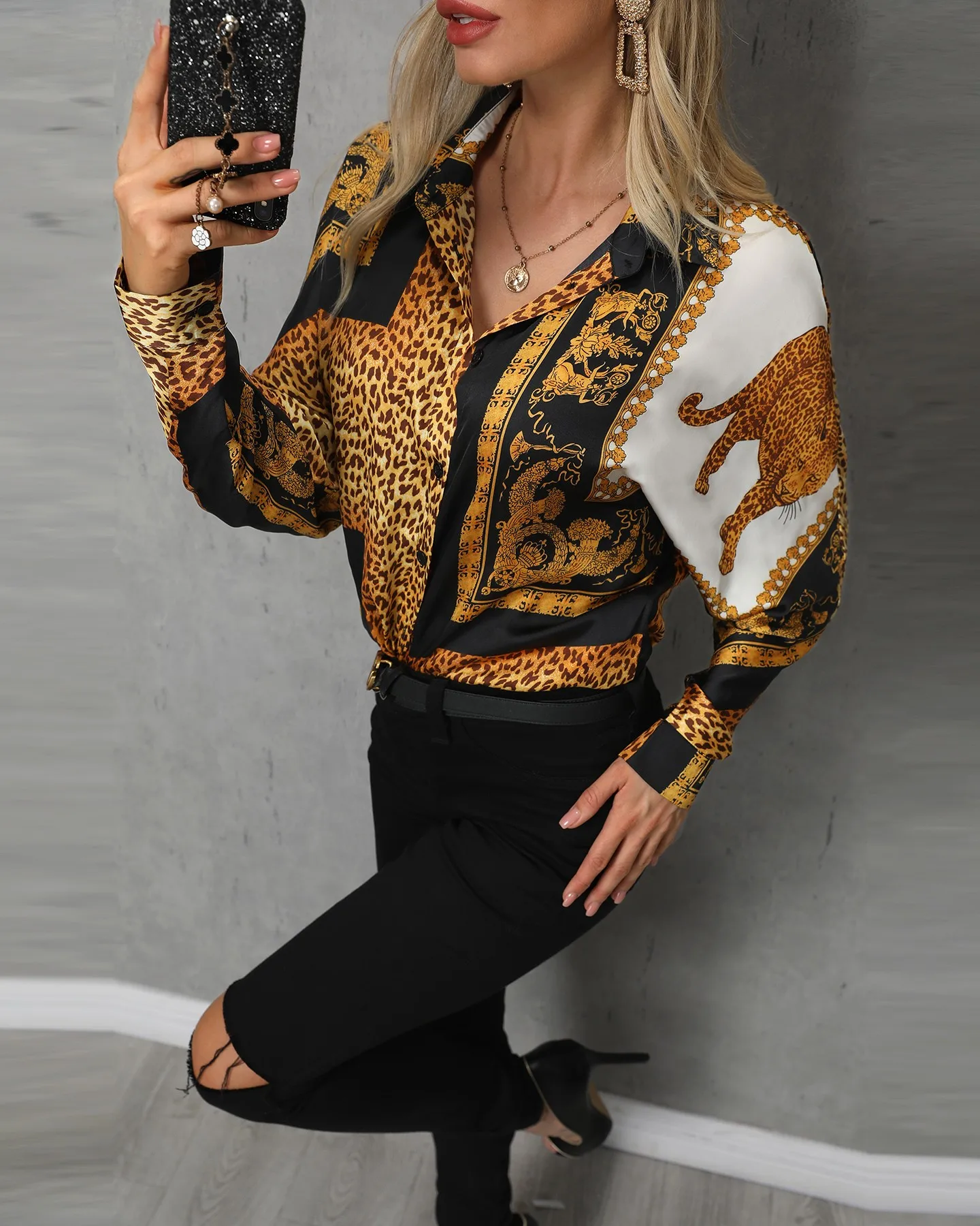 Colorblock ليوبارد طباعة بلوزة النساء التباين طوق قميص أنيقة السيدات عمال زر البلوزات Colorblock ليوبارد طباعة بلوزة النساء التباين طوق قميص أنيقة السيدات عمال زر البلوزات